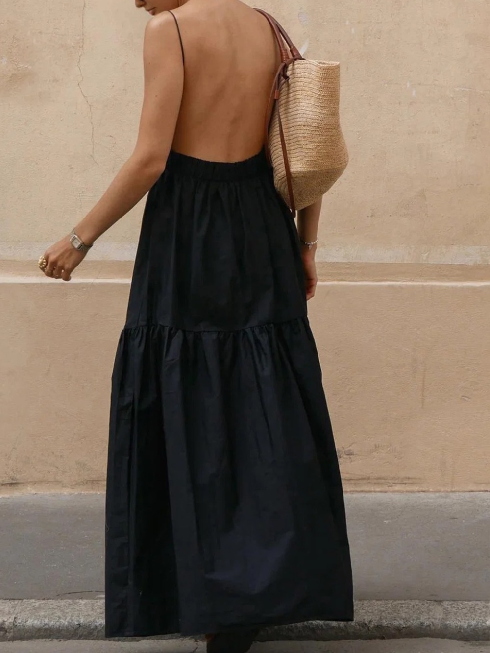 Commense Black Backless Tiered Maxi Dress Size L